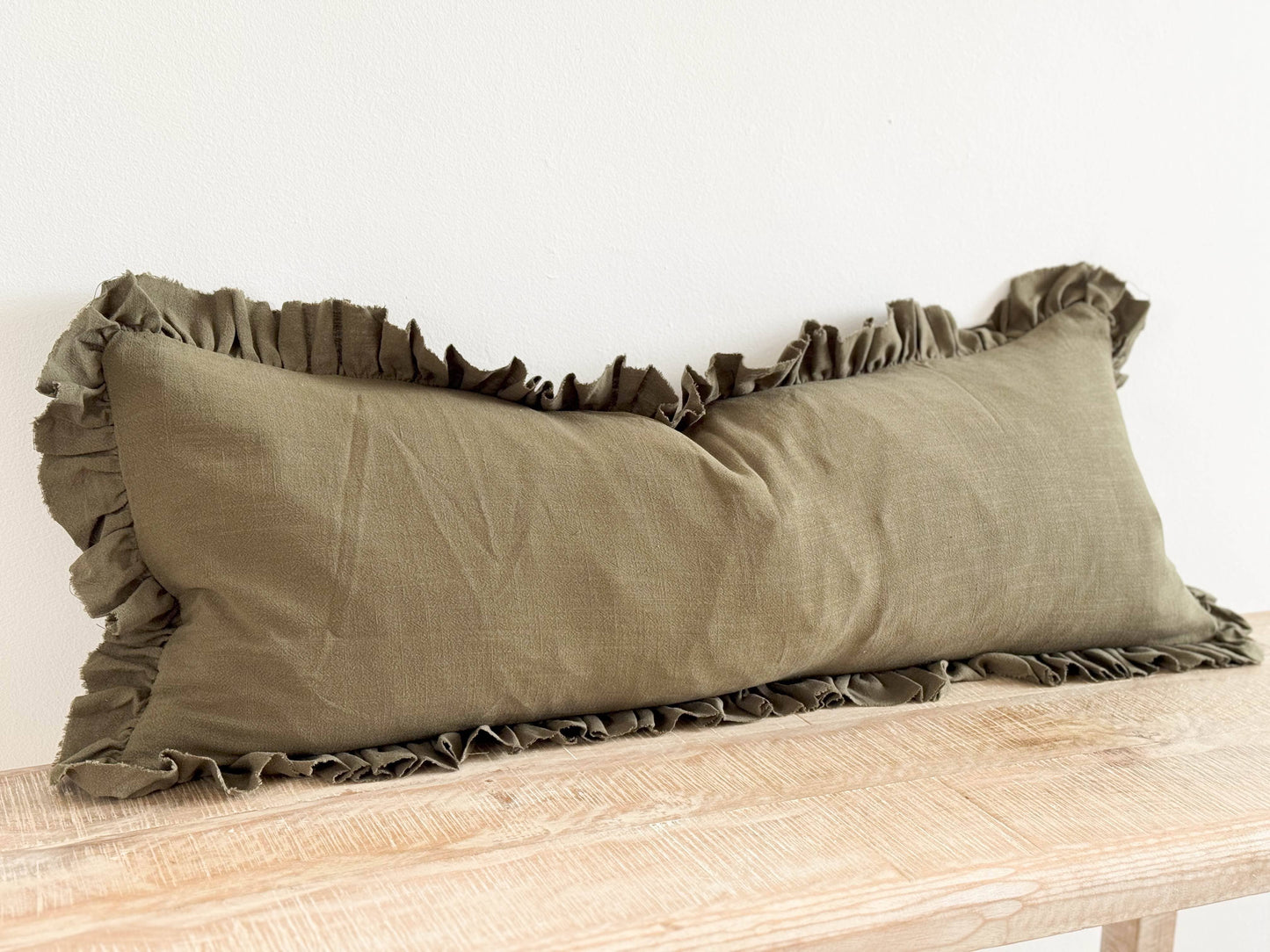 Ruffled Linen Blend Cushion Cover 80x30 - Olive