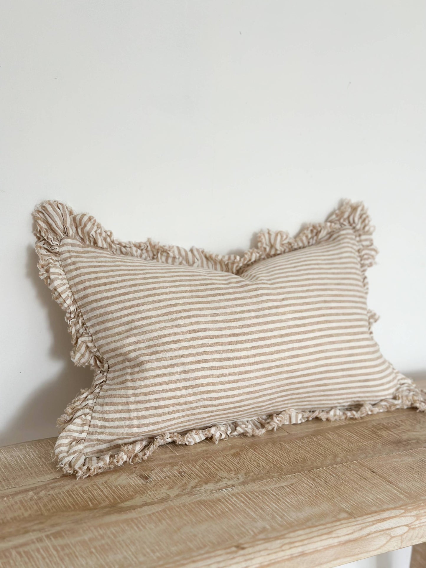 Ruffled gingham Linen Cushion Cover 50x30 – Light Brown Stripe
