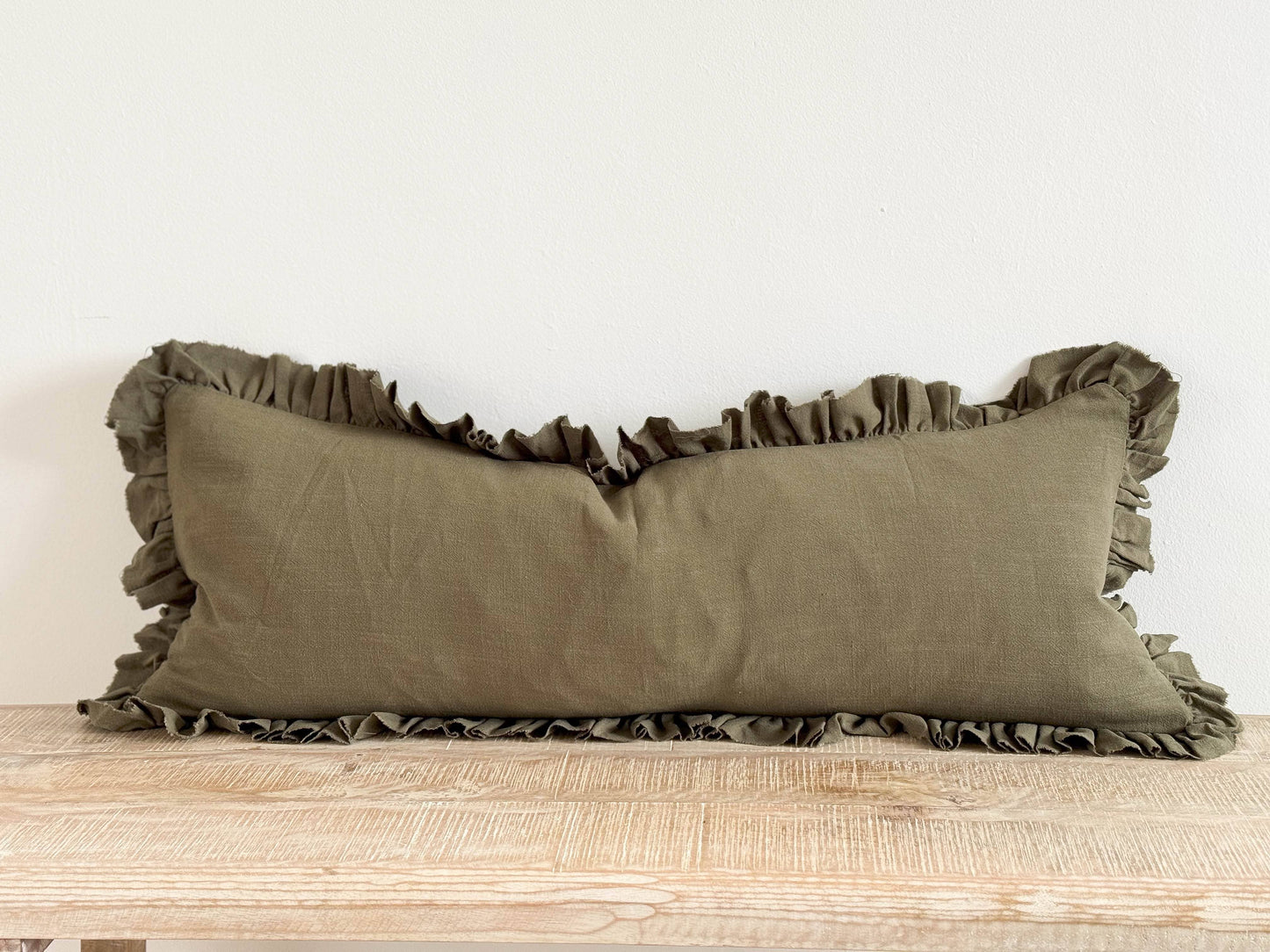 Ruffled Linen Blend Cushion Cover 80x30 - Olive