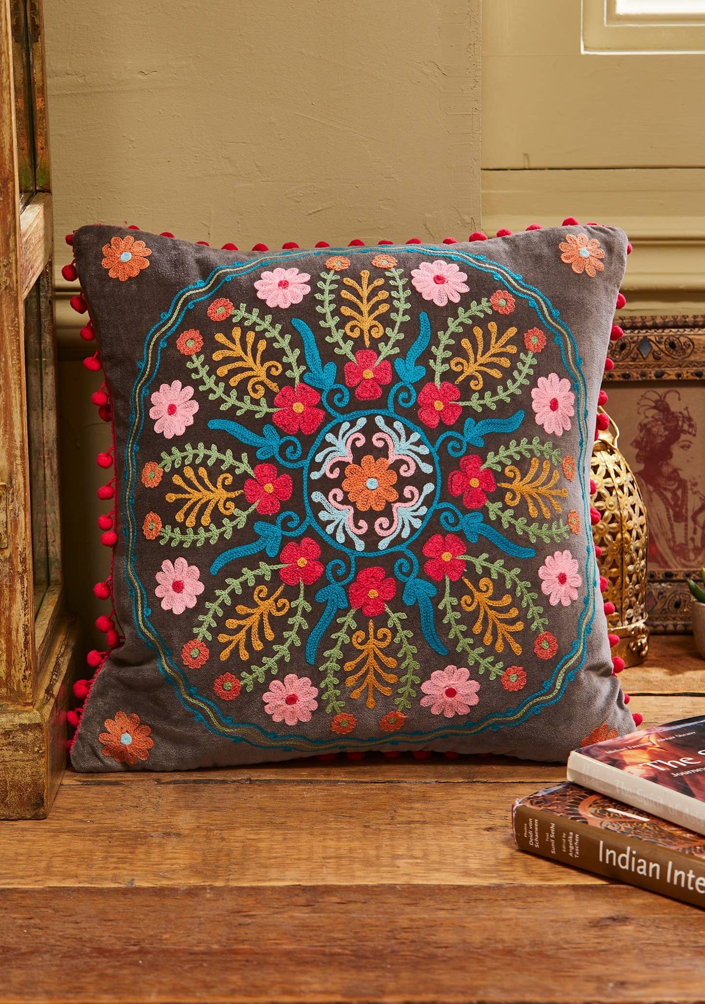 Ahyana Embroidered Velvet Cushion with Pink Pom Poms