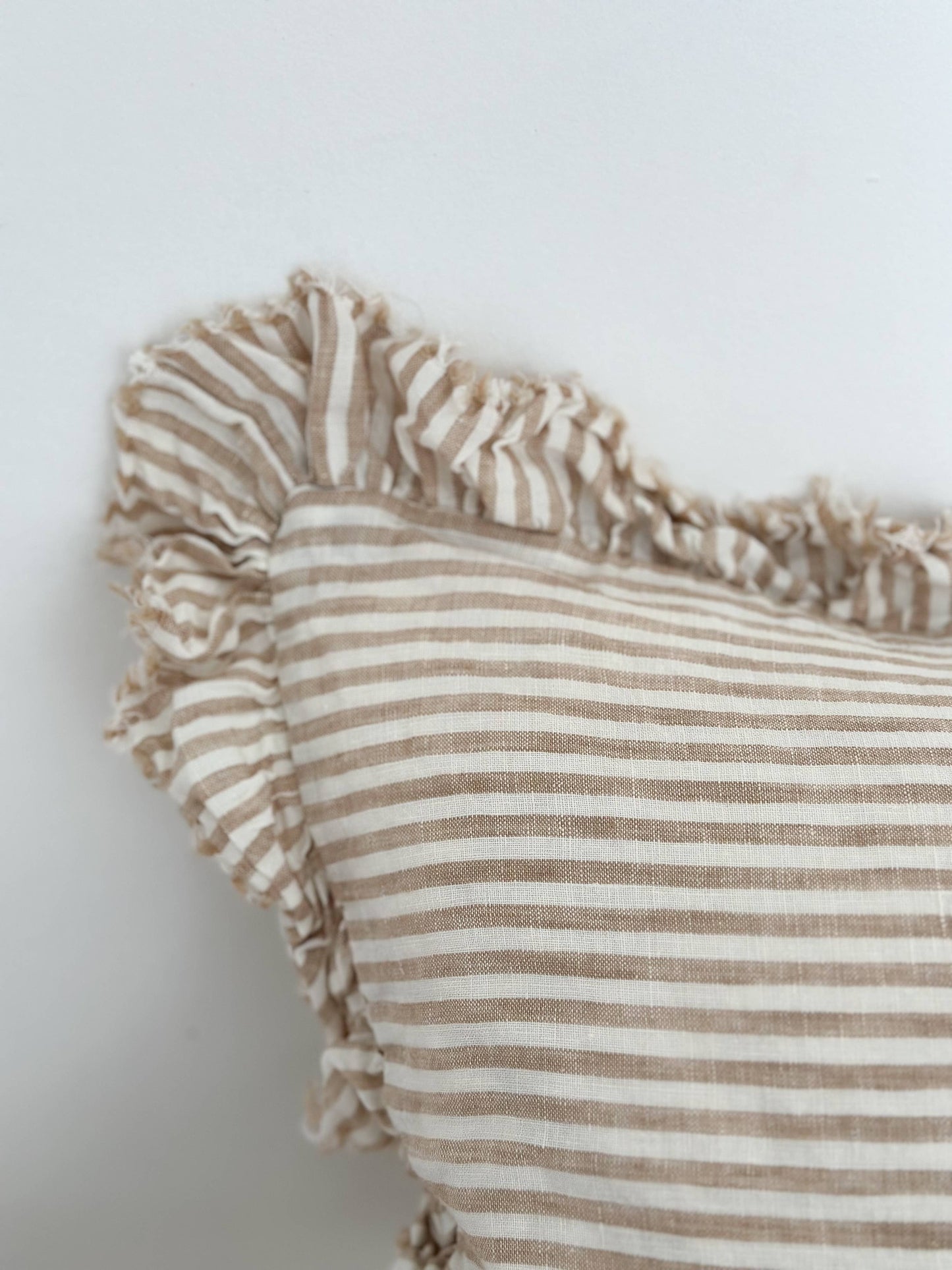 Ruffled gingham Linen Cushion Cover 50x30 – Light Brown Stripe