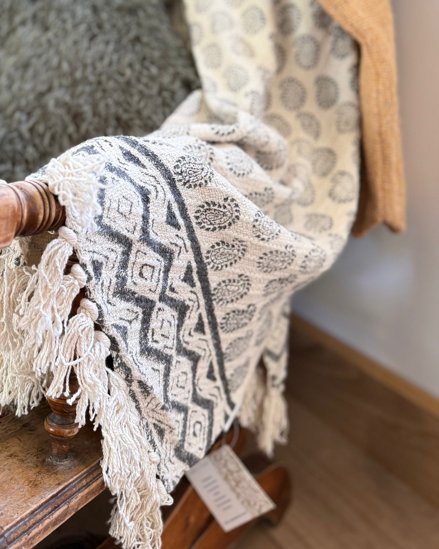 Blockprint Black Cotton Throw With Tassels