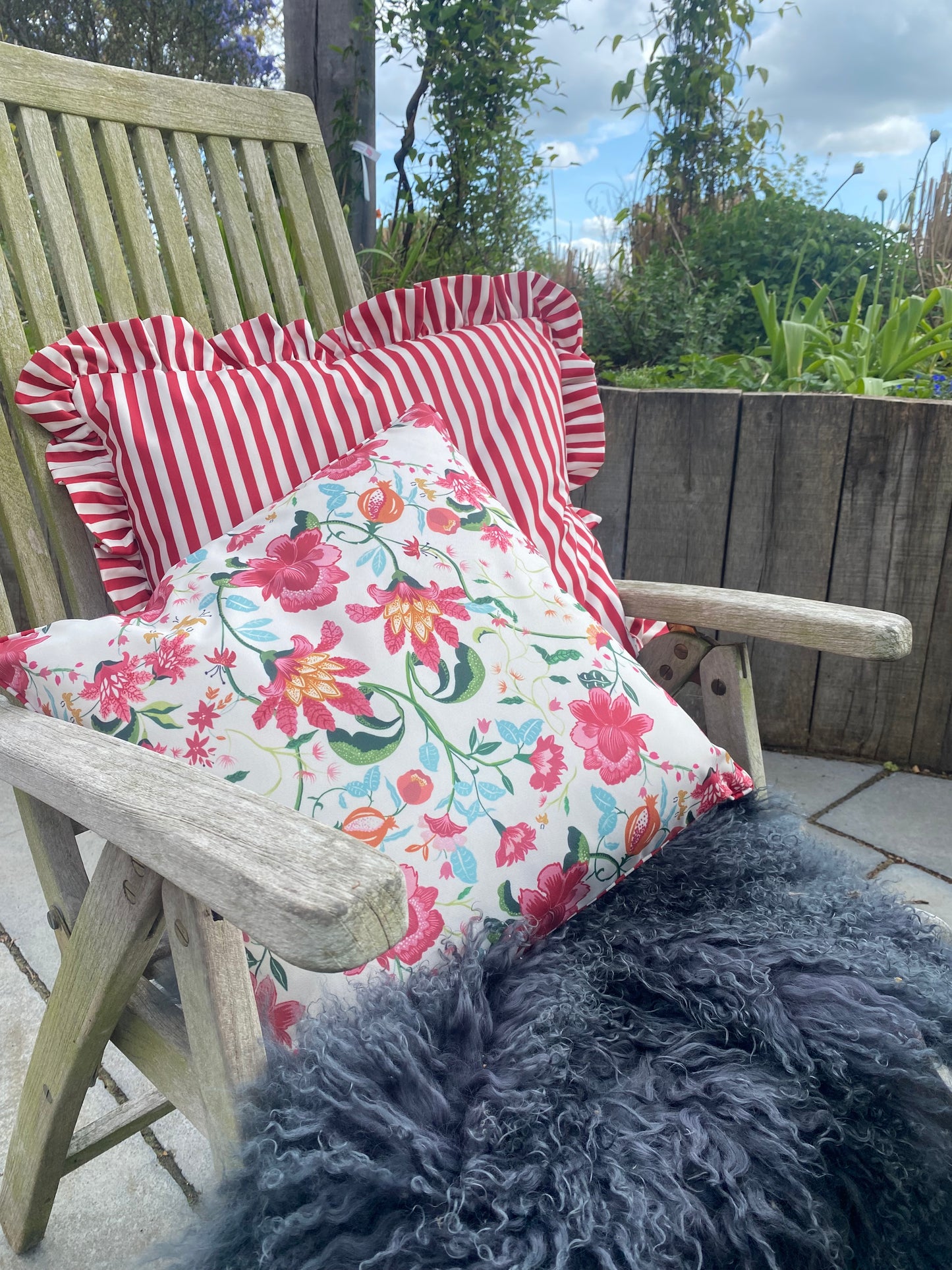 Millie Ruffle Striped Outdoor Cushion Candy Red
