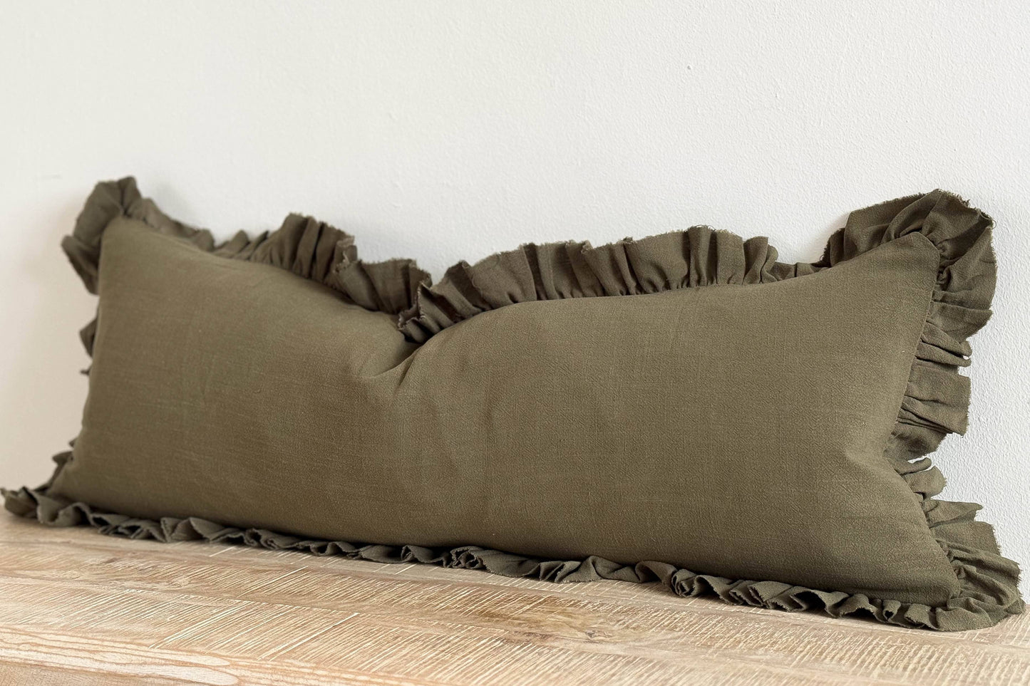 Ruffled Linen Blend Cushion Cover 80x30 - Olive