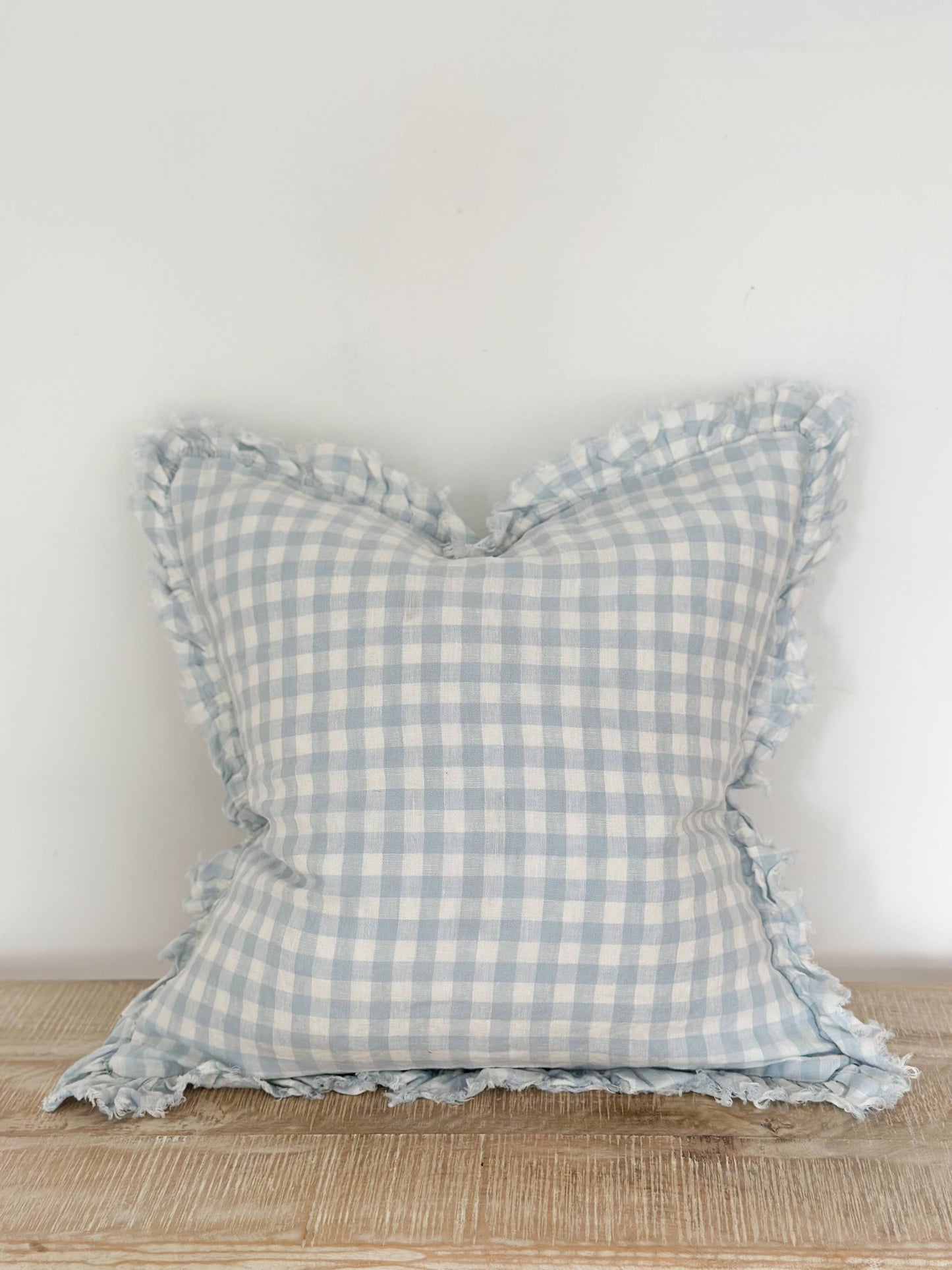 Blue Gingham Ruffled Linen Cushion Cover 45x45
