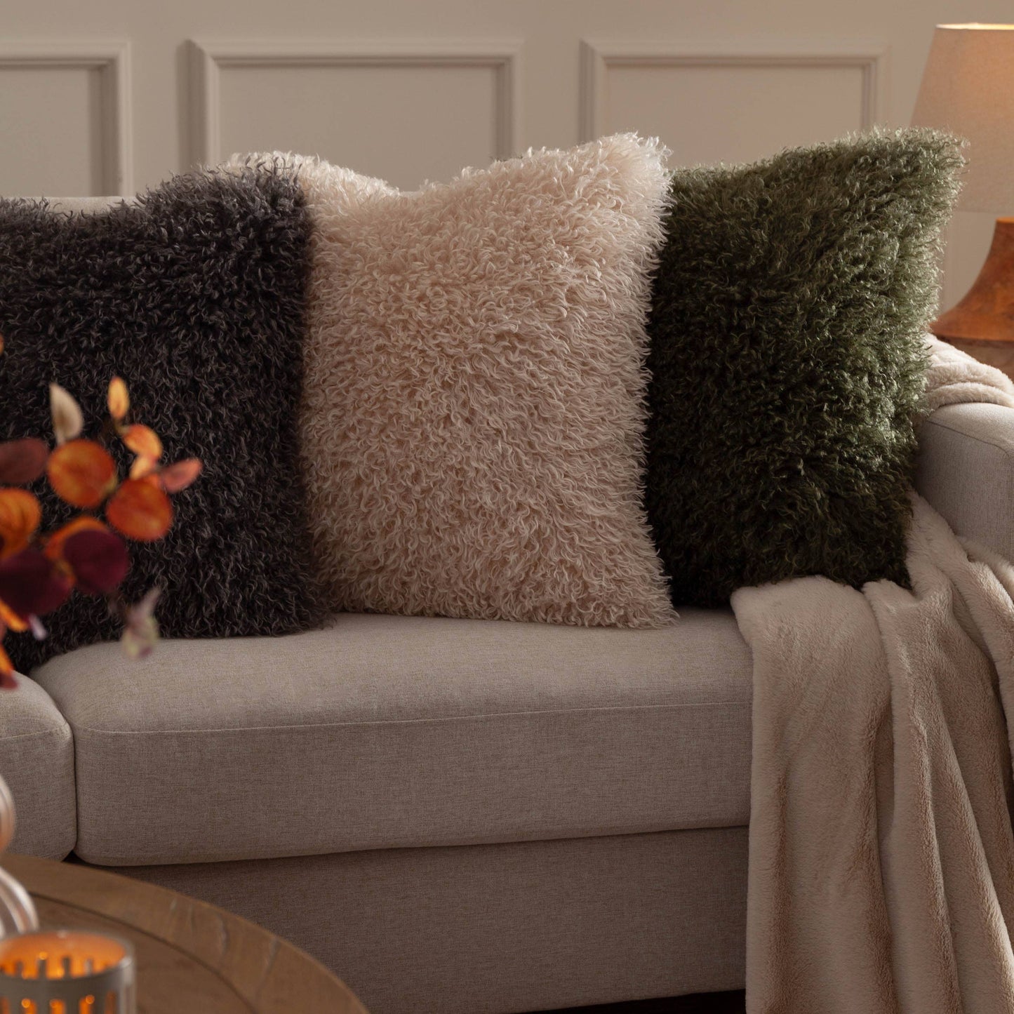 Rowan Faux Fur Cushion Khaki