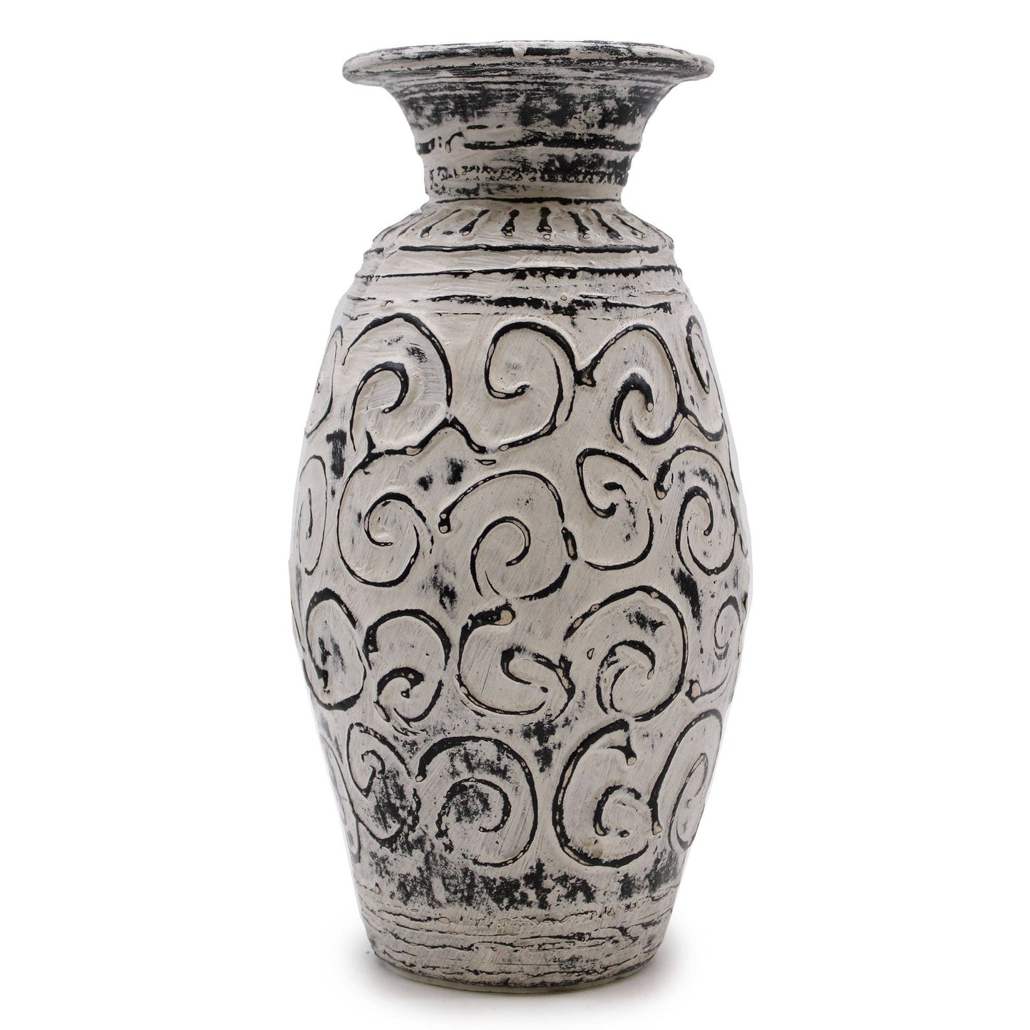 Lombok swirls decorated ceramic Vase - Cream / grrey