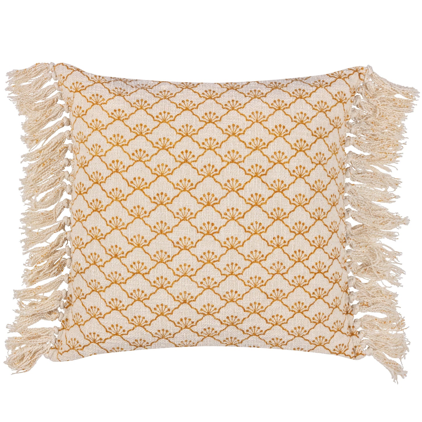 Boho tassel cushion in ecru and mastard