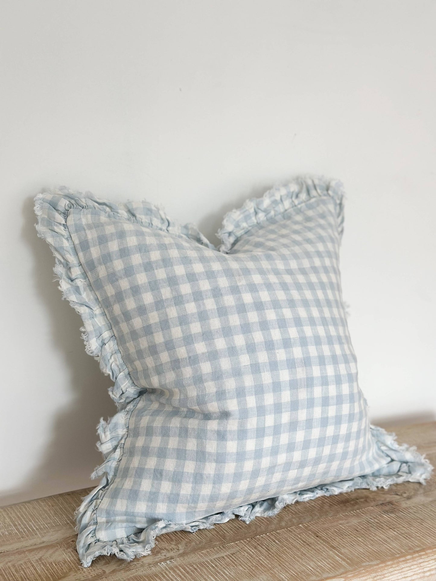 Blue Gingham Ruffled Linen Cushion Cover 45x45