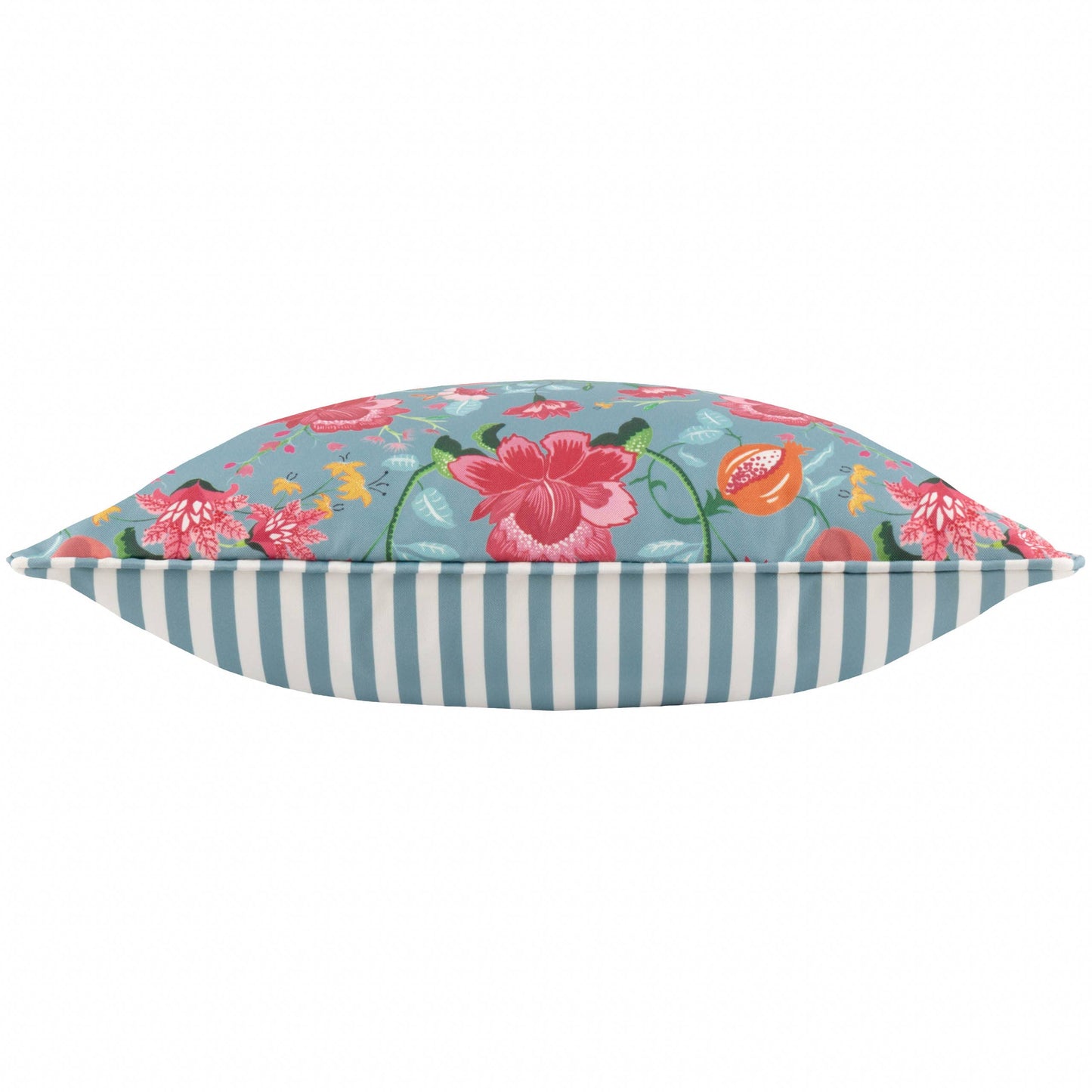 Floral Outdoor Cushion Duck Egg Blue and stripe reverse
