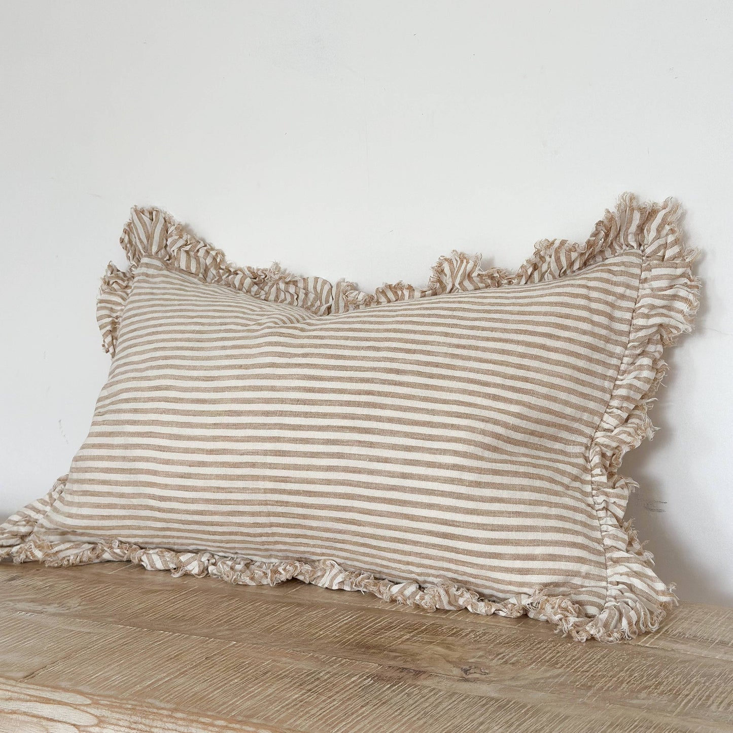 Ruffled gingham Linen Cushion Cover 50x30 – Light Brown Stripe