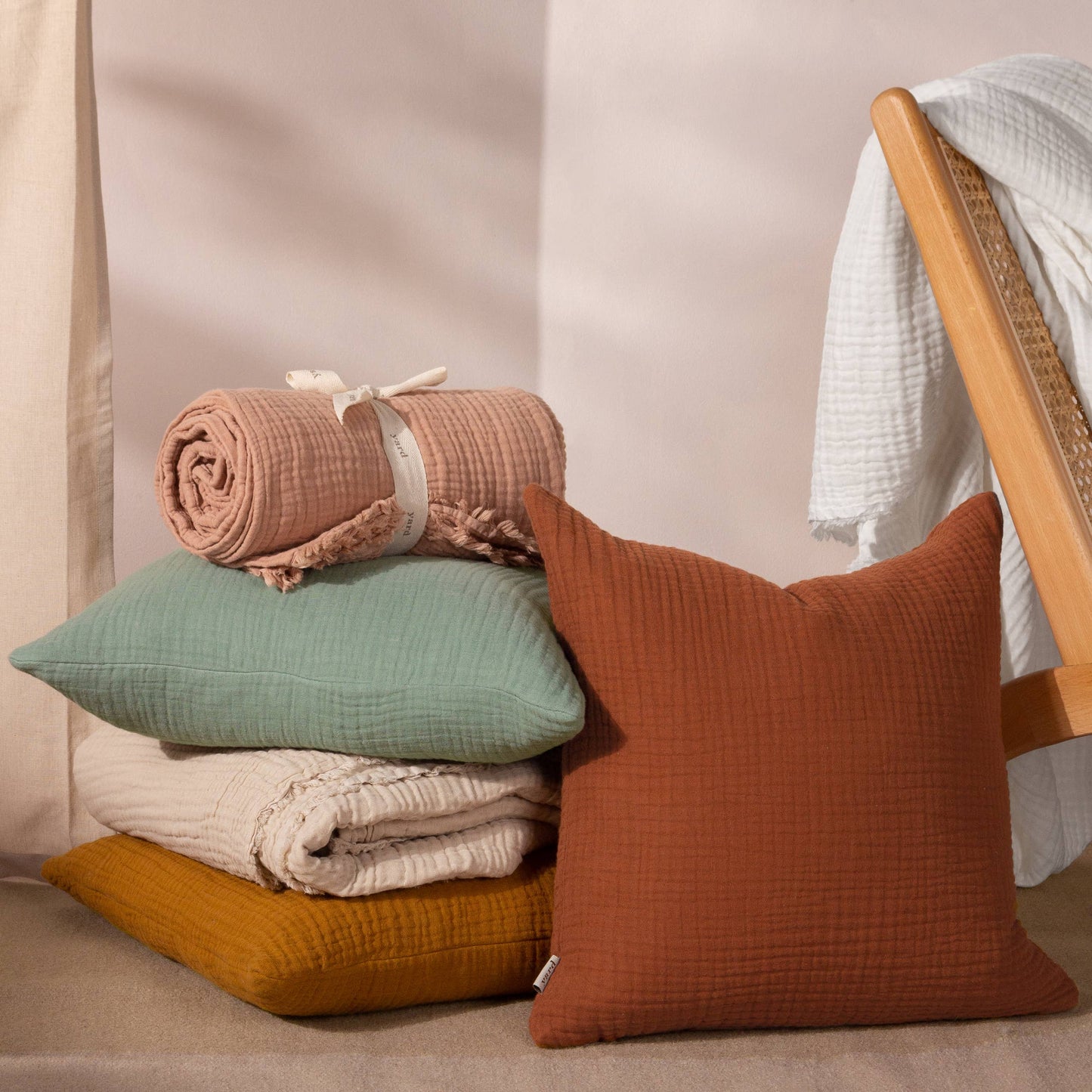 Lark Muslin Crinkle Cotton Cushion Pink Clay