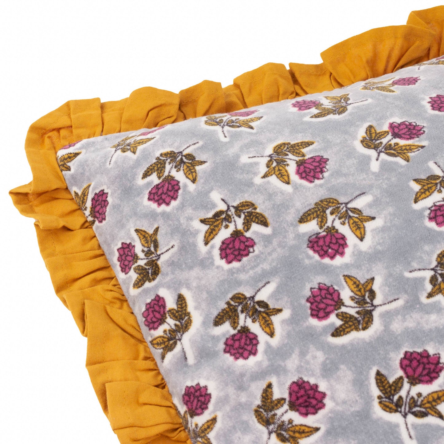 Floral velvet Printed Cushion with ruffle and mustard reverse