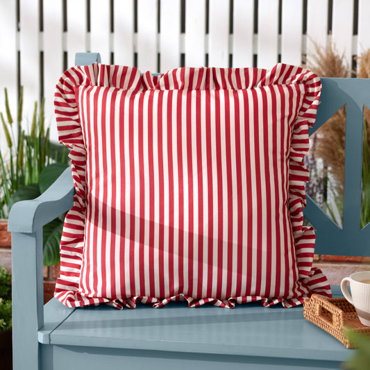 Millie Ruffle Striped Outdoor Cushion Candy Red