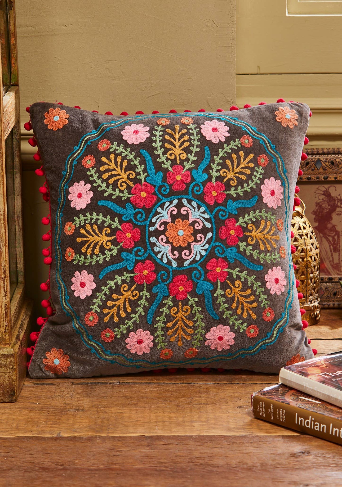 Ahyana Embroidered Velvet Cushion with Pink Pom Poms