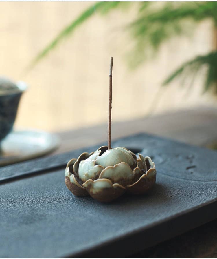 Handmade Ceramic incense burner lotus flower -Green