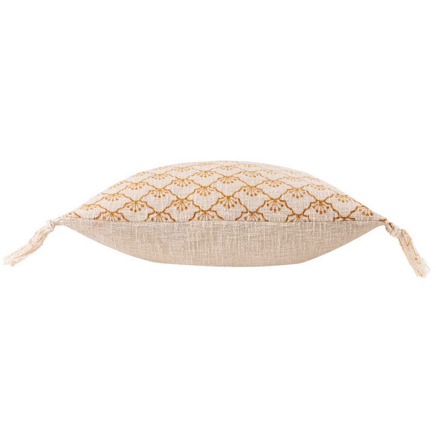 Boho tassel cushion in ecru and mastard