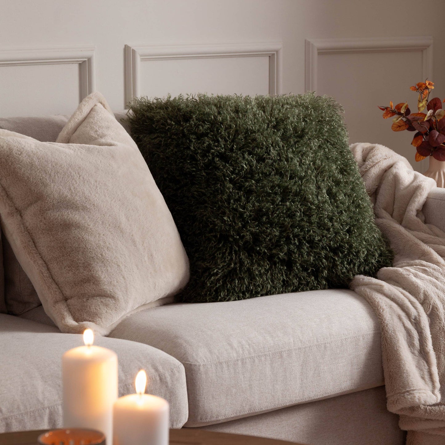 Rowan Faux Fur Cushion Khaki