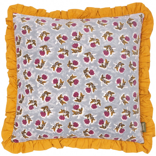 Floral velvet Printed Cushion with ruffle and mustard reverse