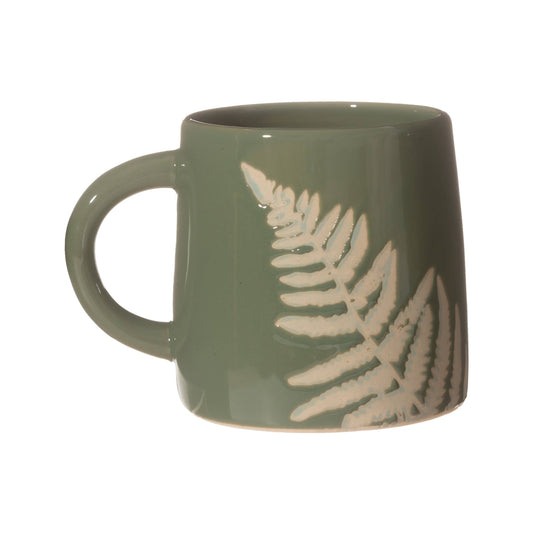 Ceramic green mug imprinted with fern leaf design