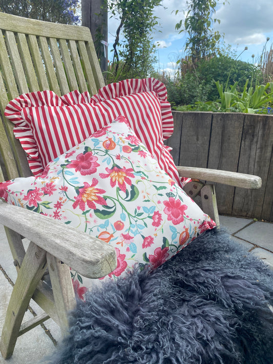 Millie Ruffle Striped Outdoor Cushion Candy Red