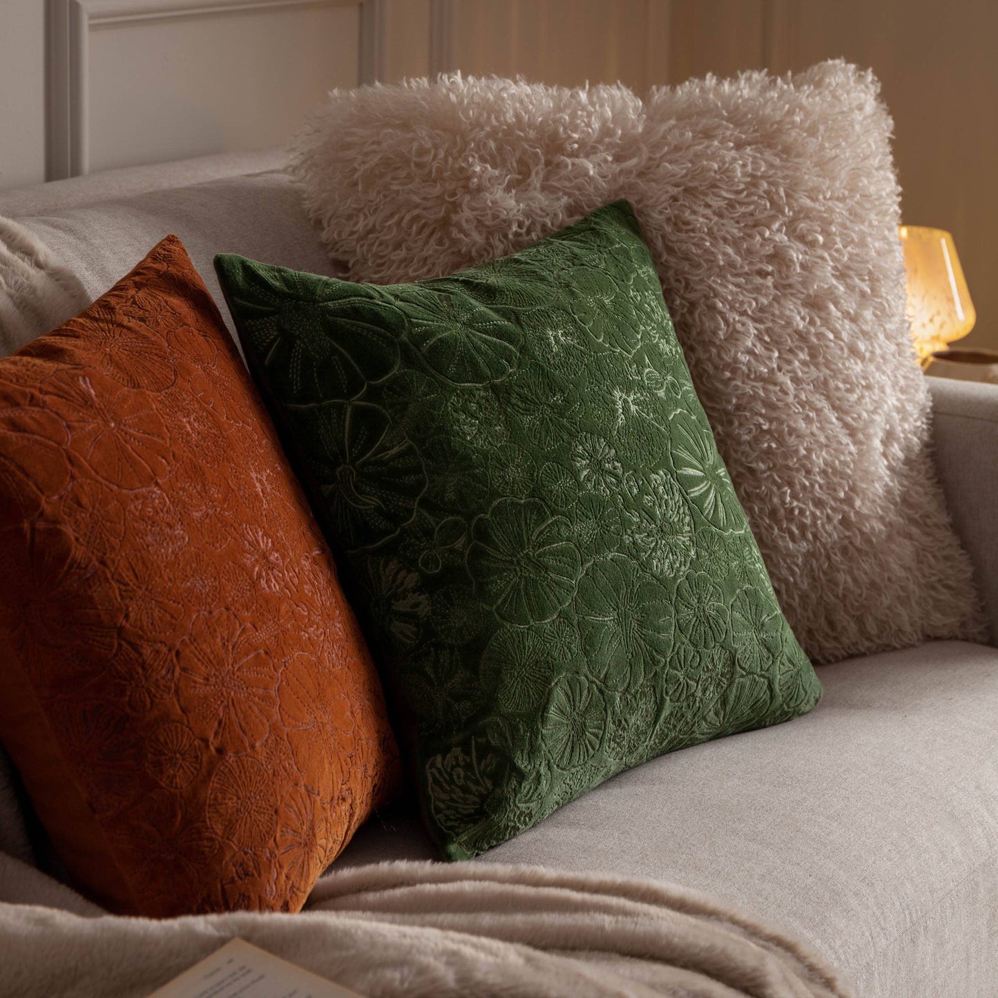 Picking Patch Embroidered Velvet Cushion cover Greenwood
