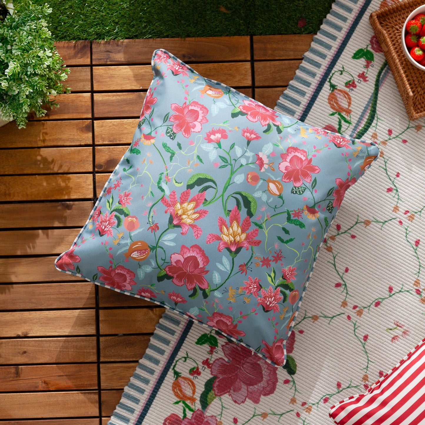 Floral Outdoor Cushion Duck Egg Blue and stripe reverse