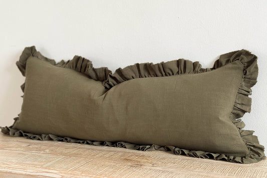 Ruffled Linen Blend Cushion Cover 80x30 - Olive