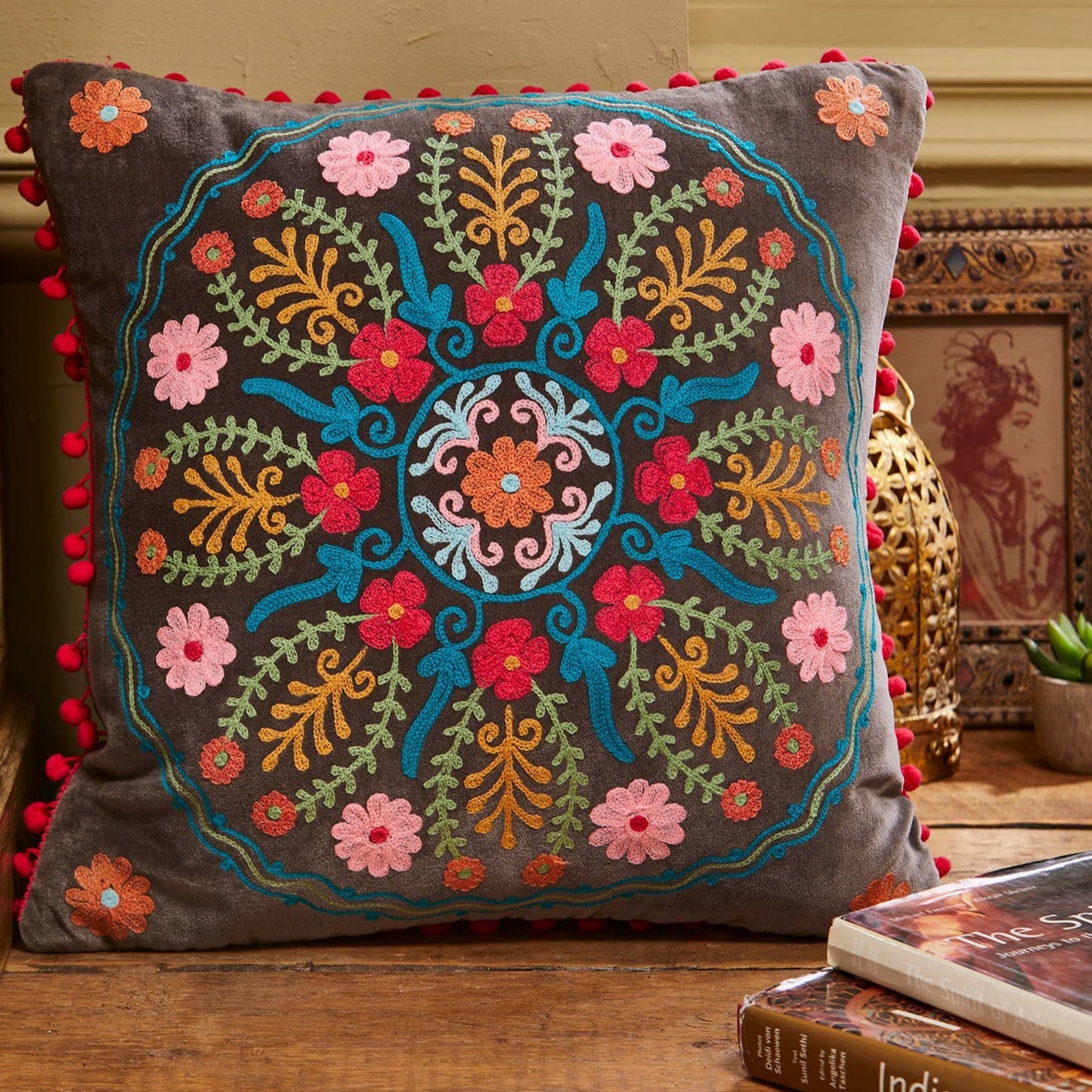 Ahyana Embroidered Velvet Cushion with Pink Pom Poms