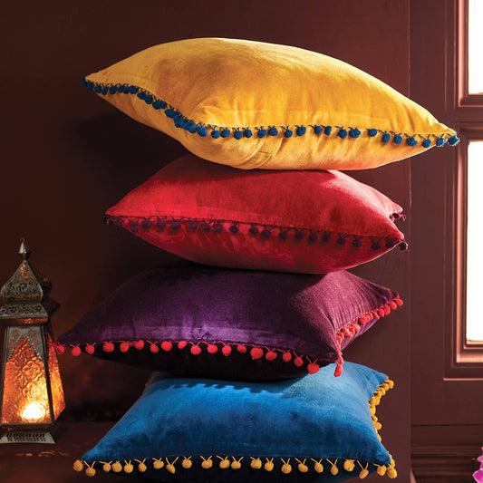 Cotton Velvet Cushion Cover With Pom Poms