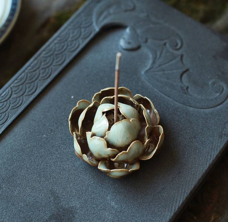 Handmade Ceramic incense burner lotus flower -Green