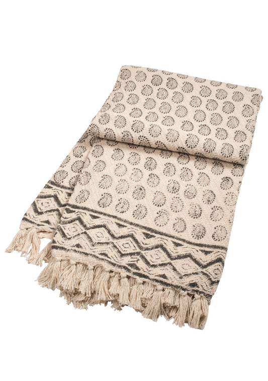 cotton throw with block print in lack ink