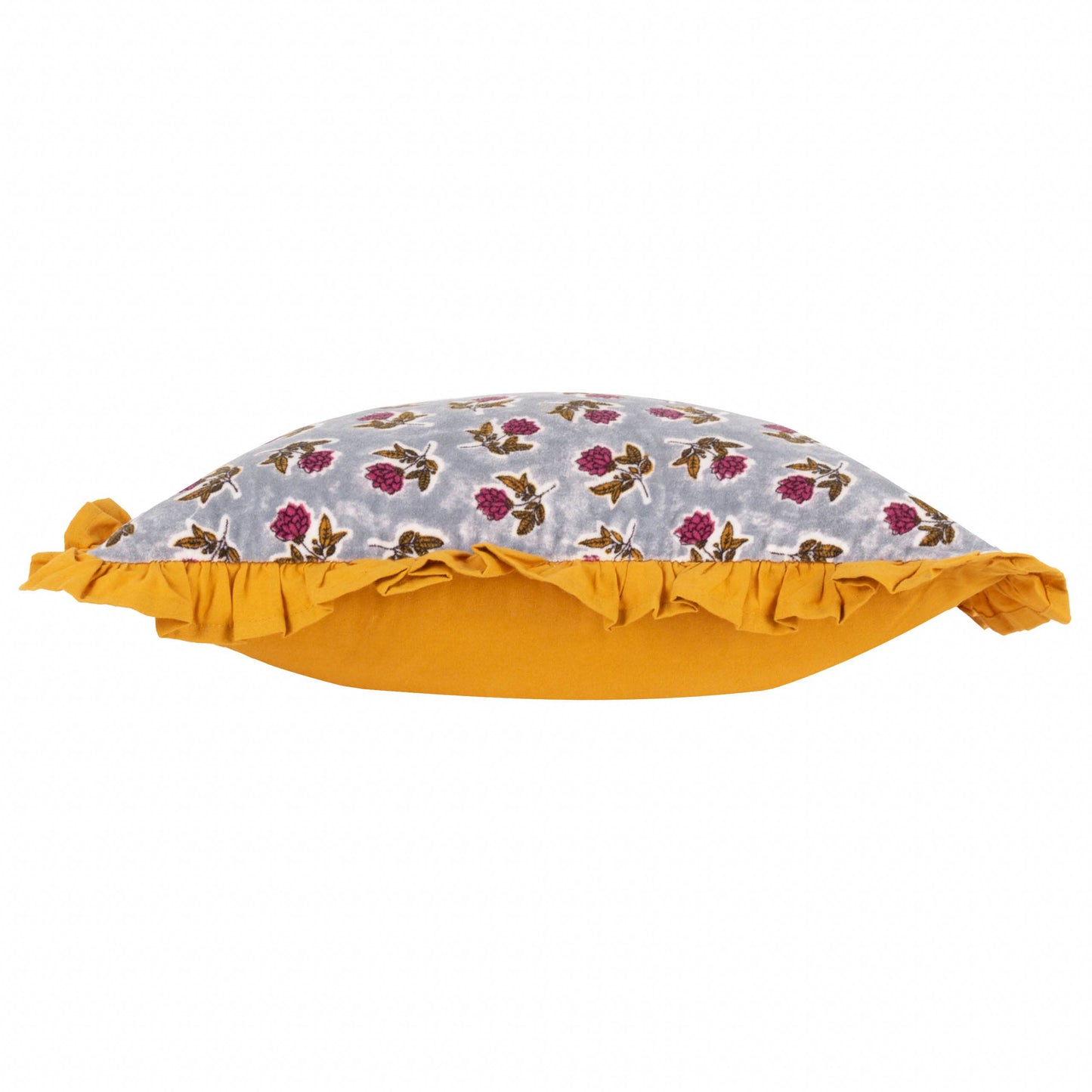 Floral velvet Printed Cushion with ruffle and mustard reverse