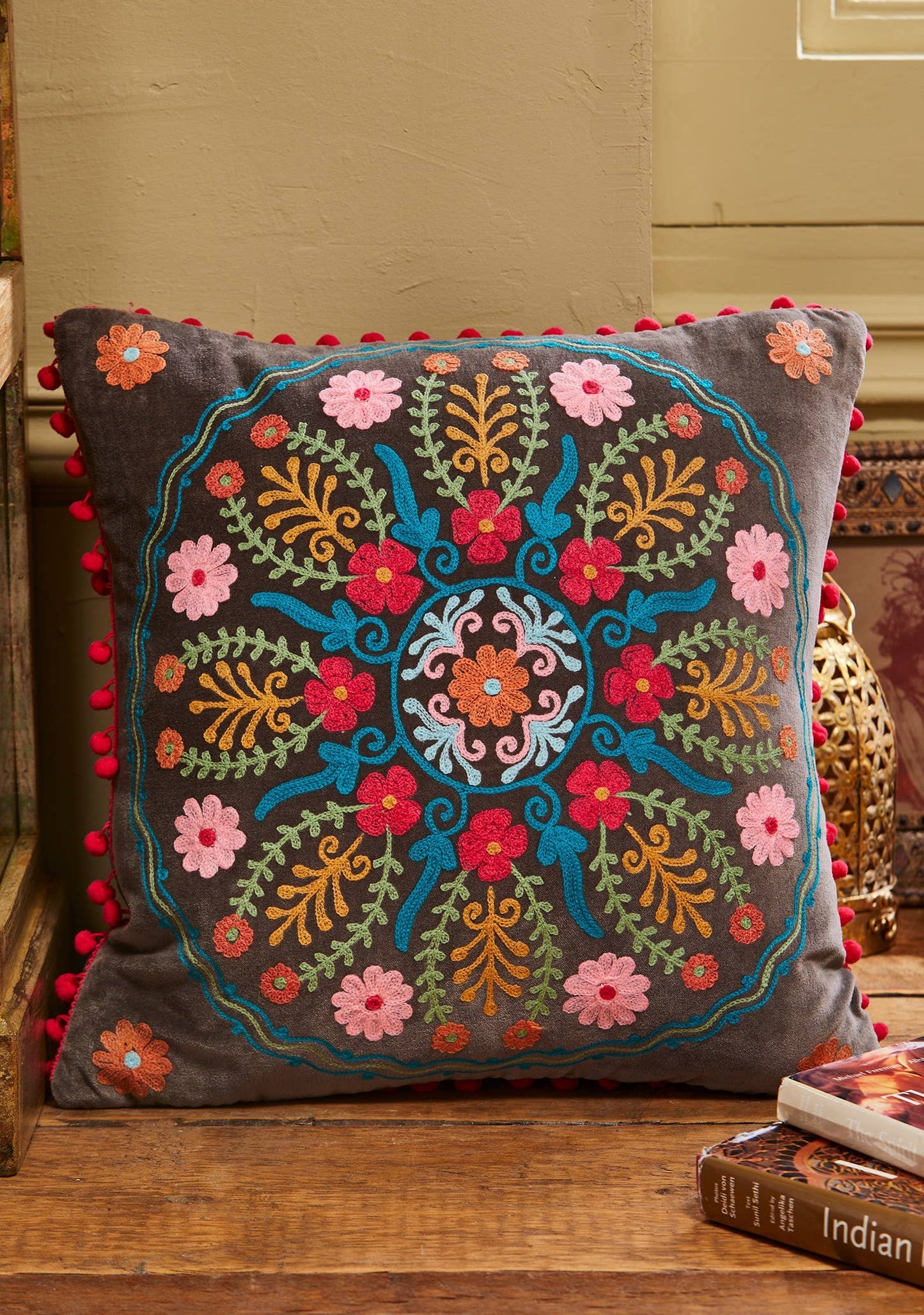 Ahyana Embroidered Velvet Cushion with Pink Pom Poms