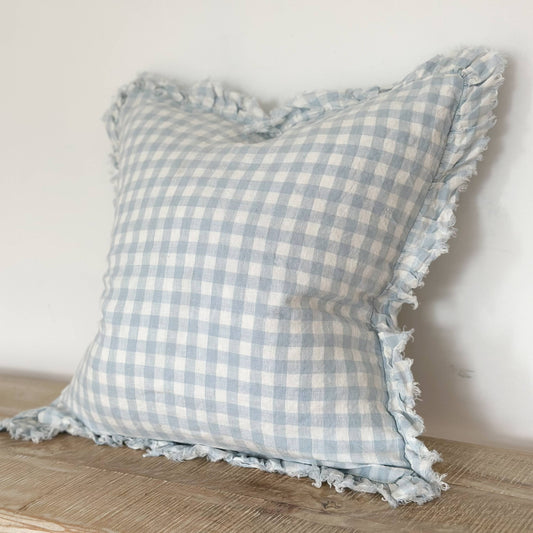 Blue Gingham Ruffled Linen Cushion Cover 45x45