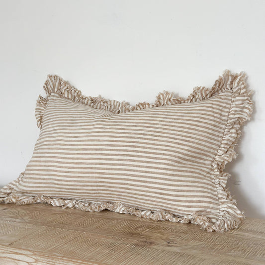 Ruffled gingham Linen Cushion Cover 50x30 – Light Brown Stripe