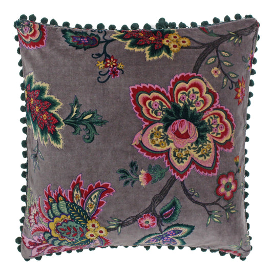 stunning lavender floral velvet cushion with pom poms in green